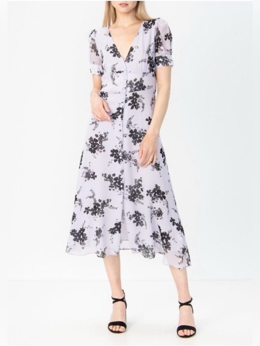 Michael Kors lilac floral semi sheer flowy feminine short sleeve midi dress Med